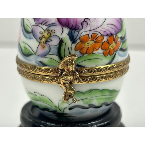 Limoges France Hand Painted Porcelain Trinket Box Egg Purple Floral Richard - Picture 5 of 9